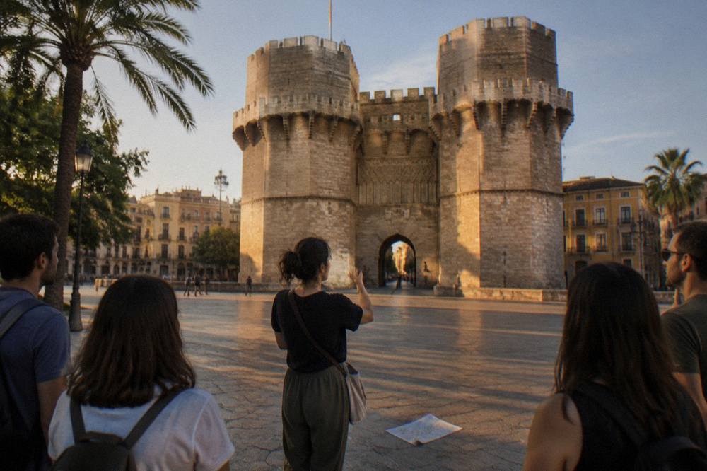 A guide speaking to a gathered group beside a Gothic stone gateway in warm evening light
