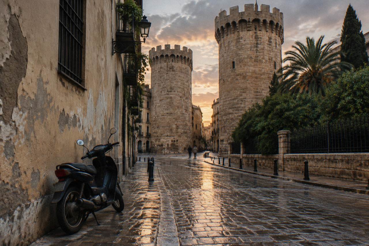 A sunlit medieval square in Valencia with Gothic stone towers rising above narrow old town streets