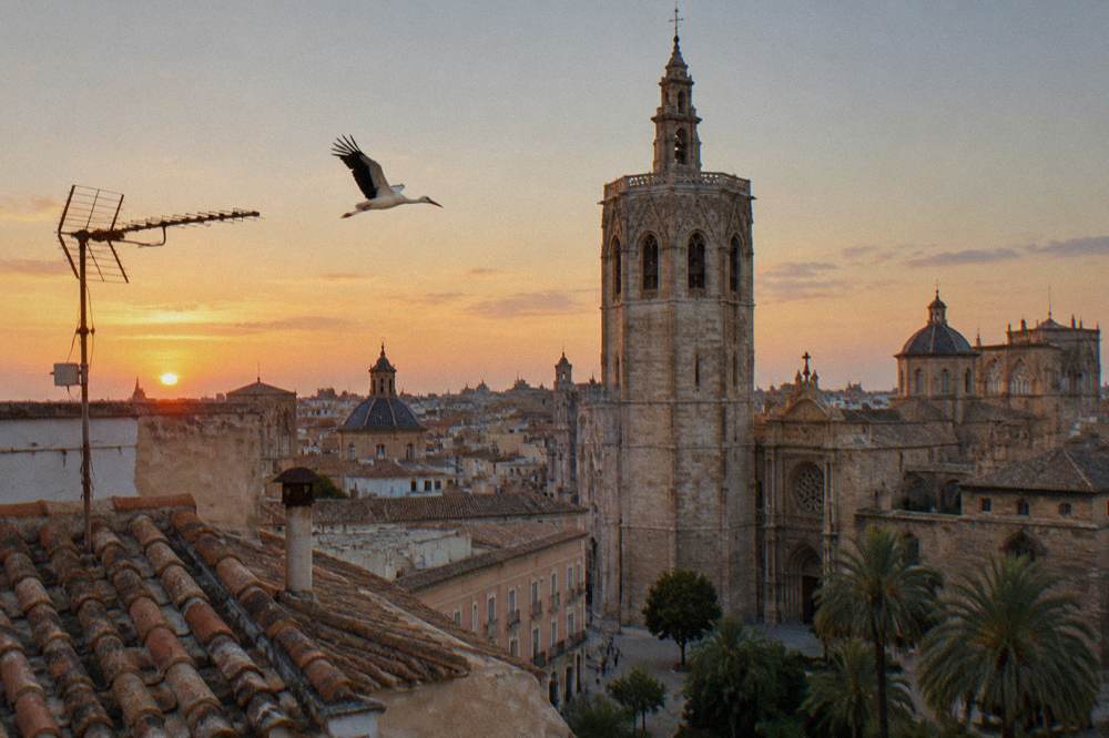 Cathedral bell tower rising above orange rooftops in Valencia under a clear sky