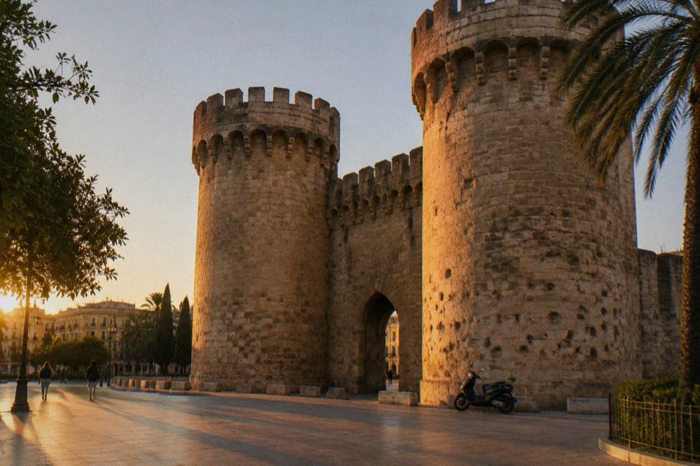 Historic Valencia gate towers rising above a plaza at golden hour