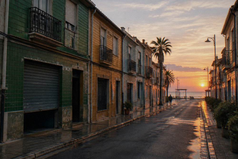 Low colourful tiled facades of a maritime neighbourhood street in late afternoon light