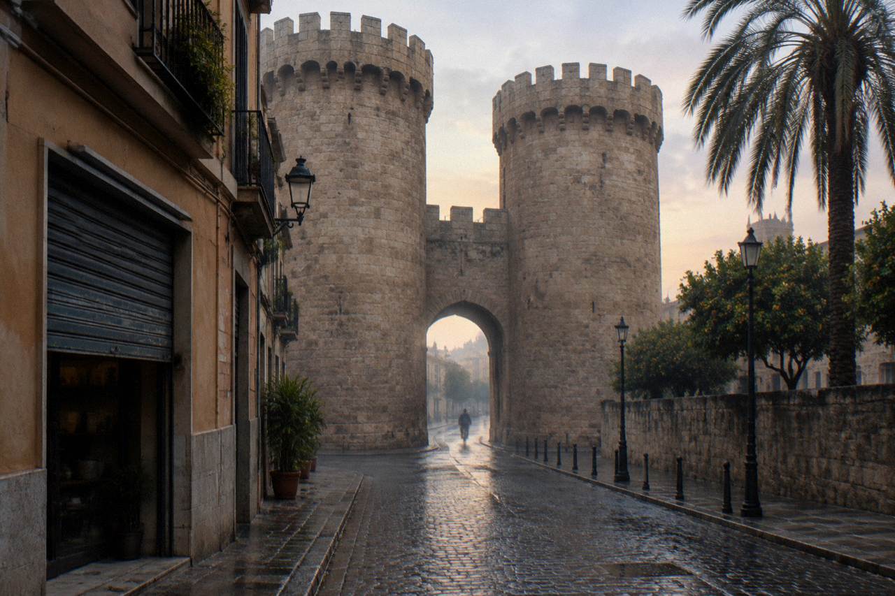 Old stone gateway and narrow street with warm evening light in Valencia