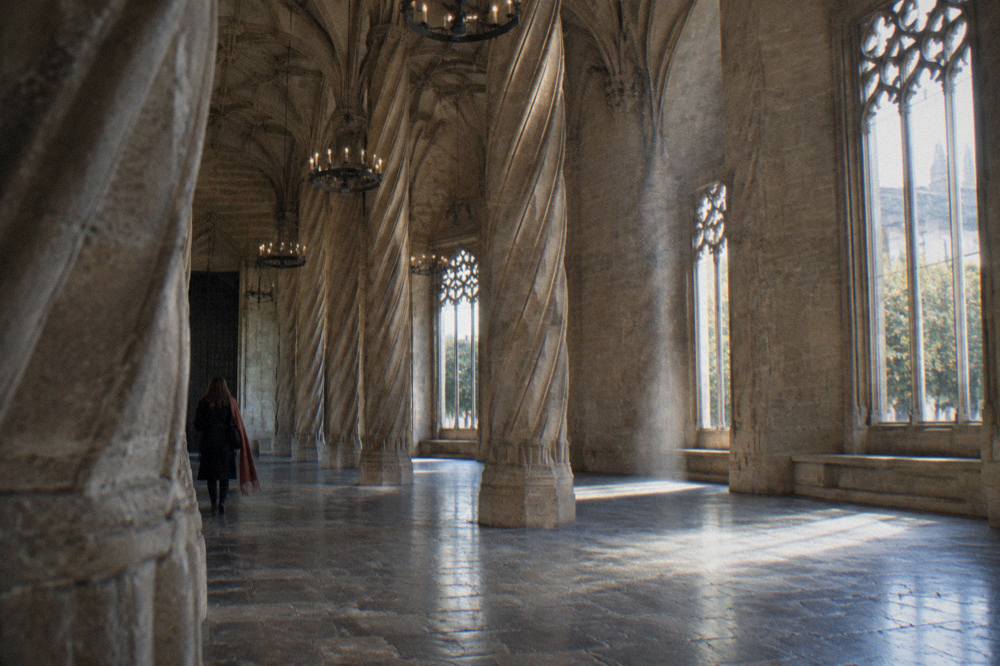 Ornate gothic hall of the Lonja de la Seda with twisted stone columns reaching to a vaulted ceiling