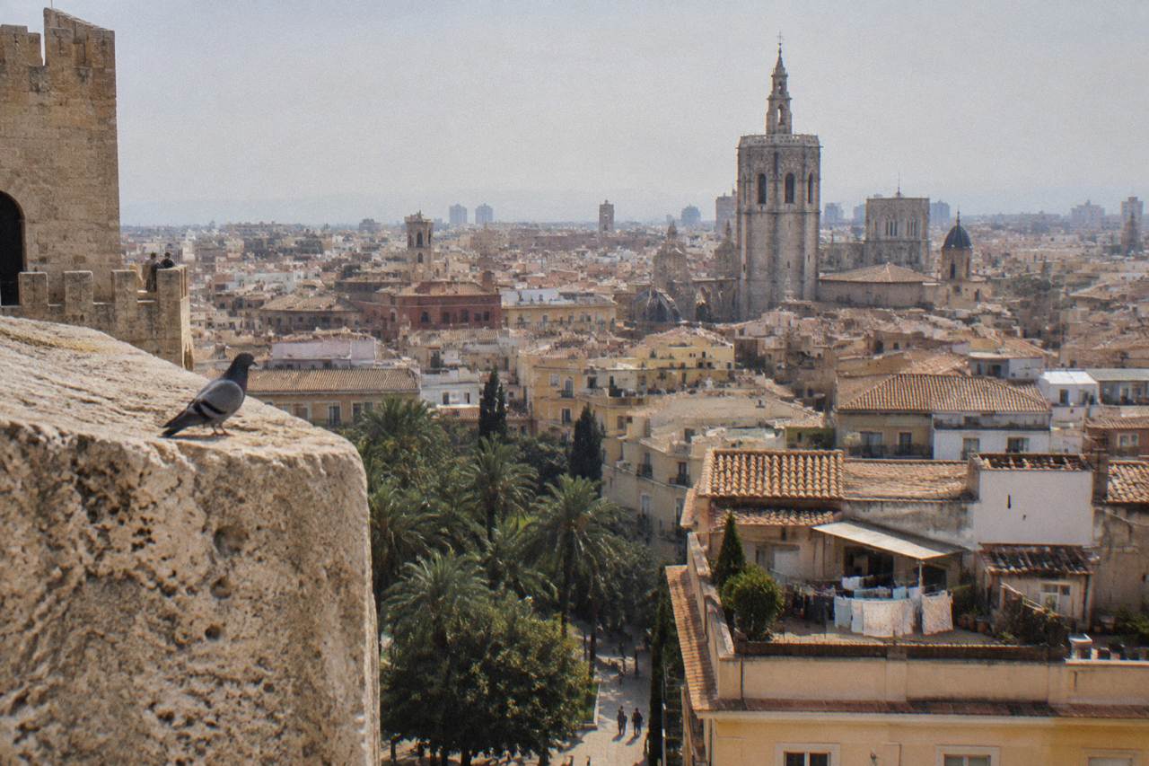 Wide view over Valencia rooftops with the cathedral bell tower rising above the old city buildings
