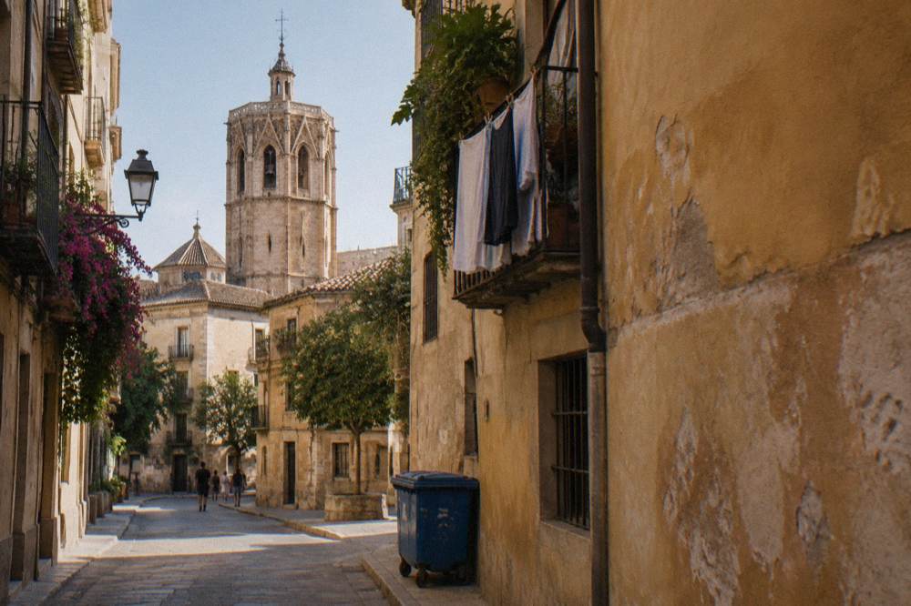 Old town lanes and church towers in the Ciutat Vella district of Valencia