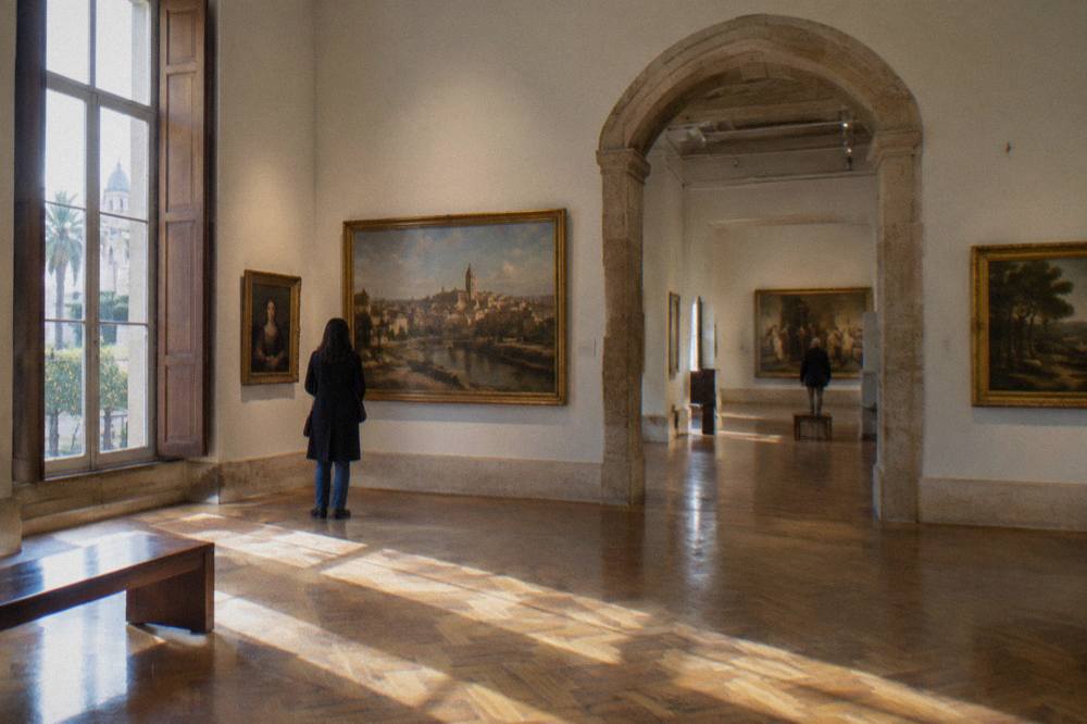 Gallery hall with framed paintings on tall walls and stone archways