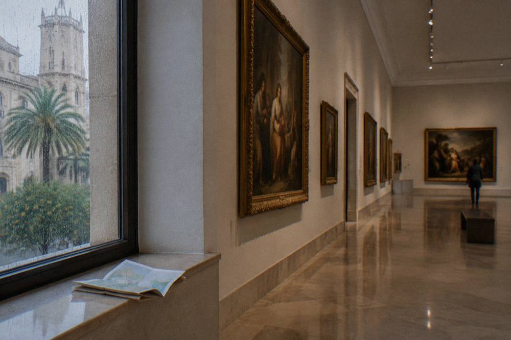 Quiet gallery hall with paintings hung along the wall and a polished stone floor