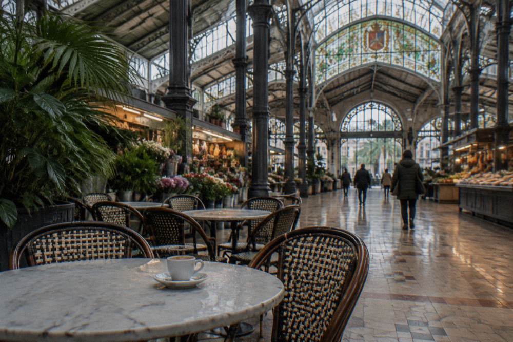 Interior of a market hall with produce stalls under a high stained glass ceiling