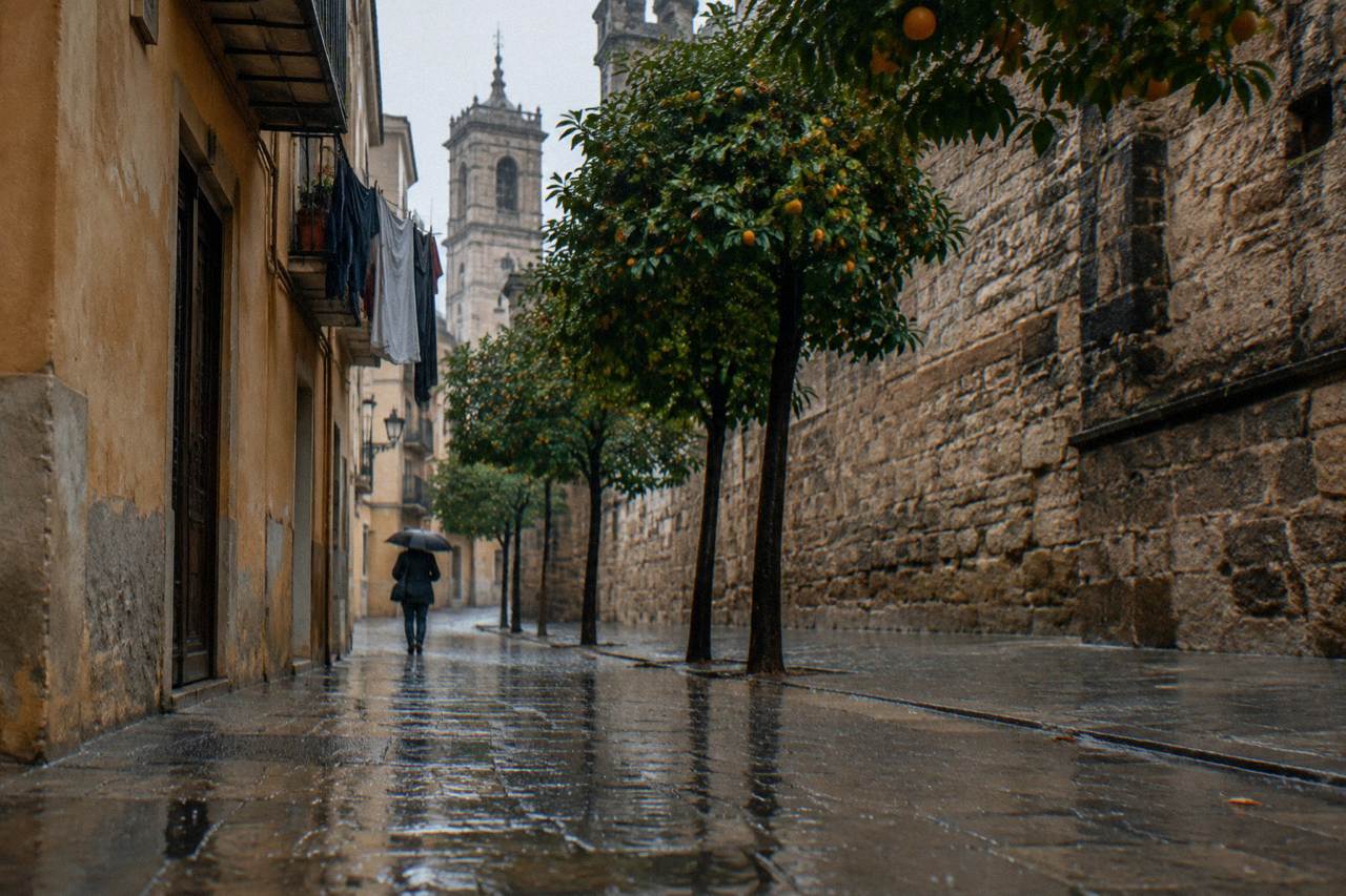 Wet stone street in the old centre of Valencia with reflections in the puddles