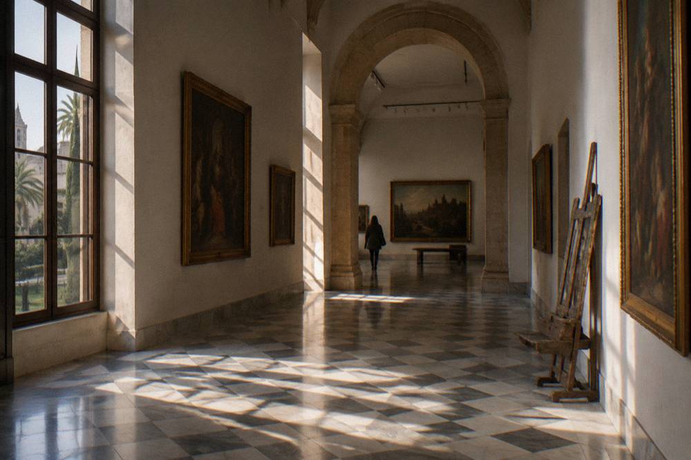 Museum gallery hall with paintings on the walls and stone arches