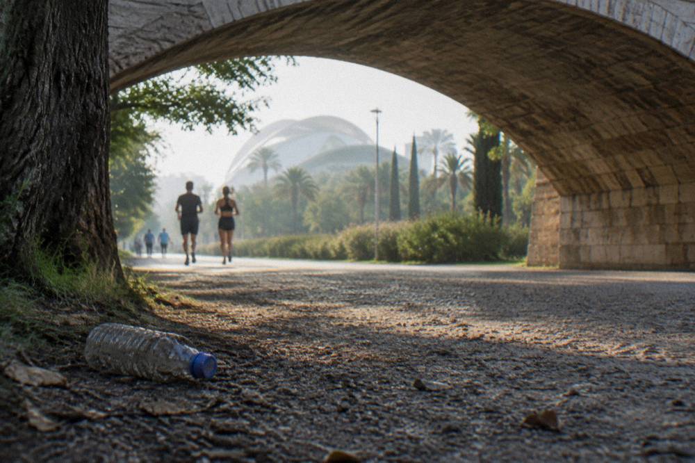 A tree-lined walking path through a wide urban garden with a bridge crossing overhead