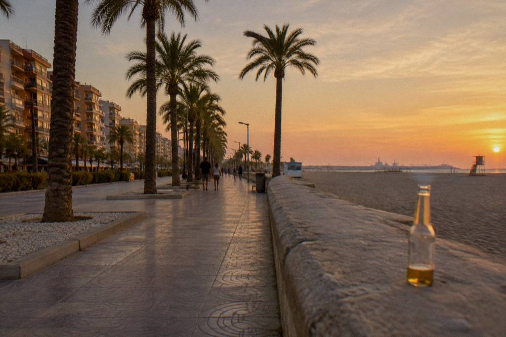 Long stone promenade at golden hour with palm trees and open sand beyond