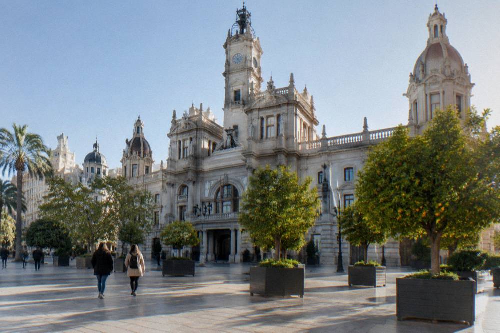 Ornate stone city hall facade across a paved square with orange trees in morning light