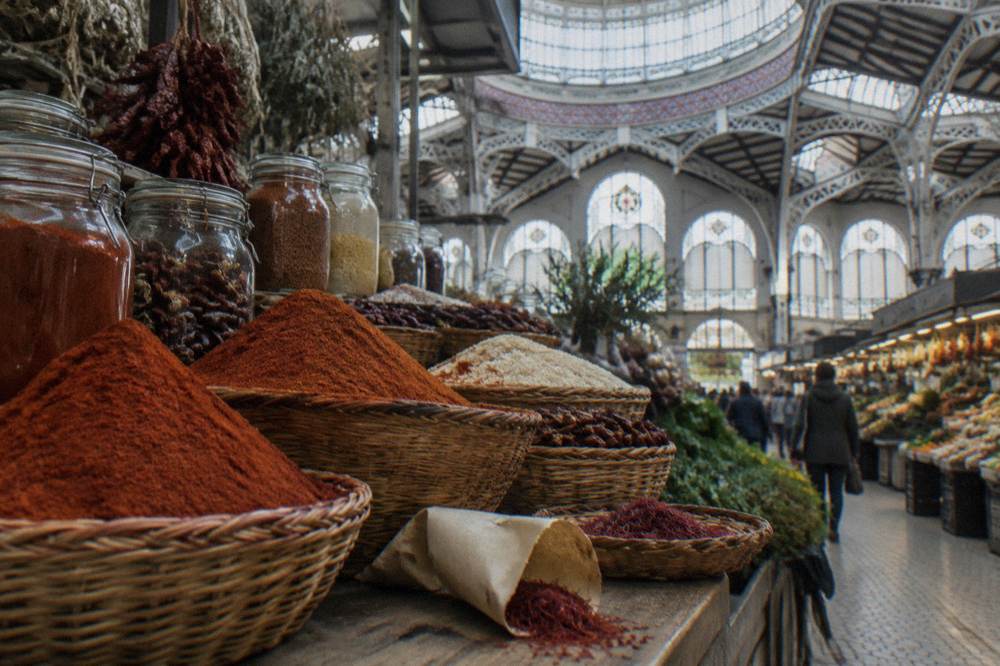 Spice stall with jars and baskets of dried goods in the market hall