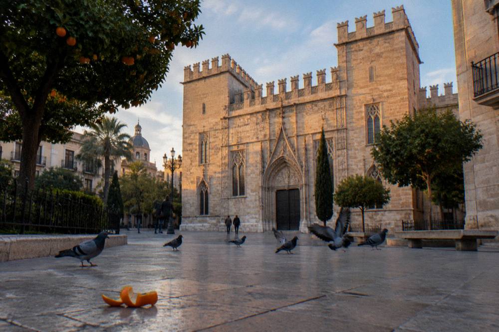 Market square with the Gothic facade of the Lonja de la Seda across from the market hall