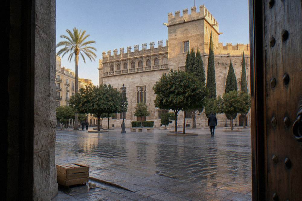 Gothic Lonja de la Seda facade and tower in Valencia