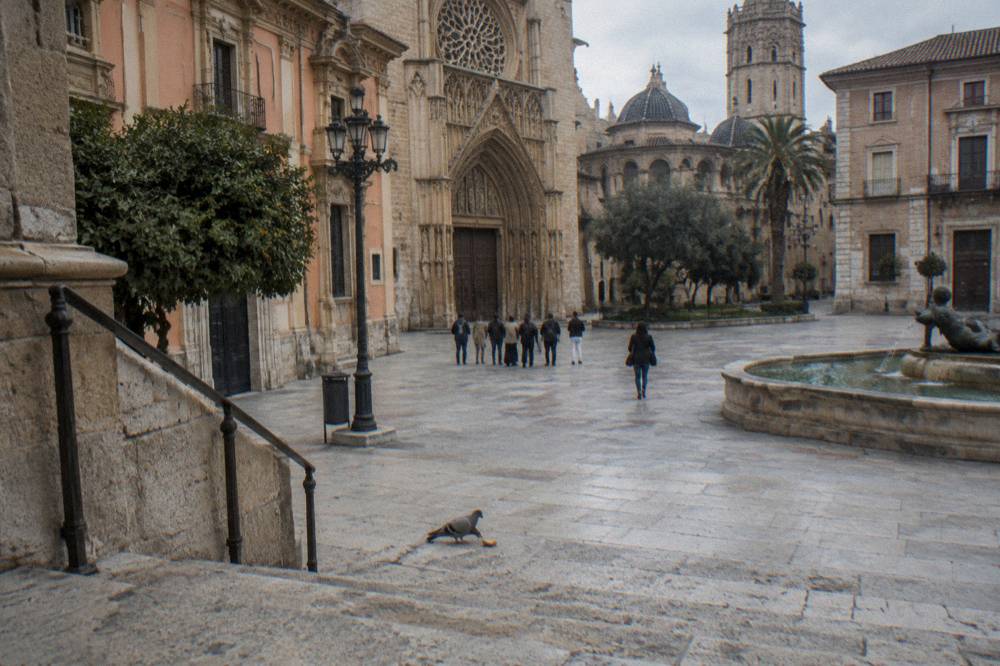 Guides and visitors gathered at a stone square in Valencia old town