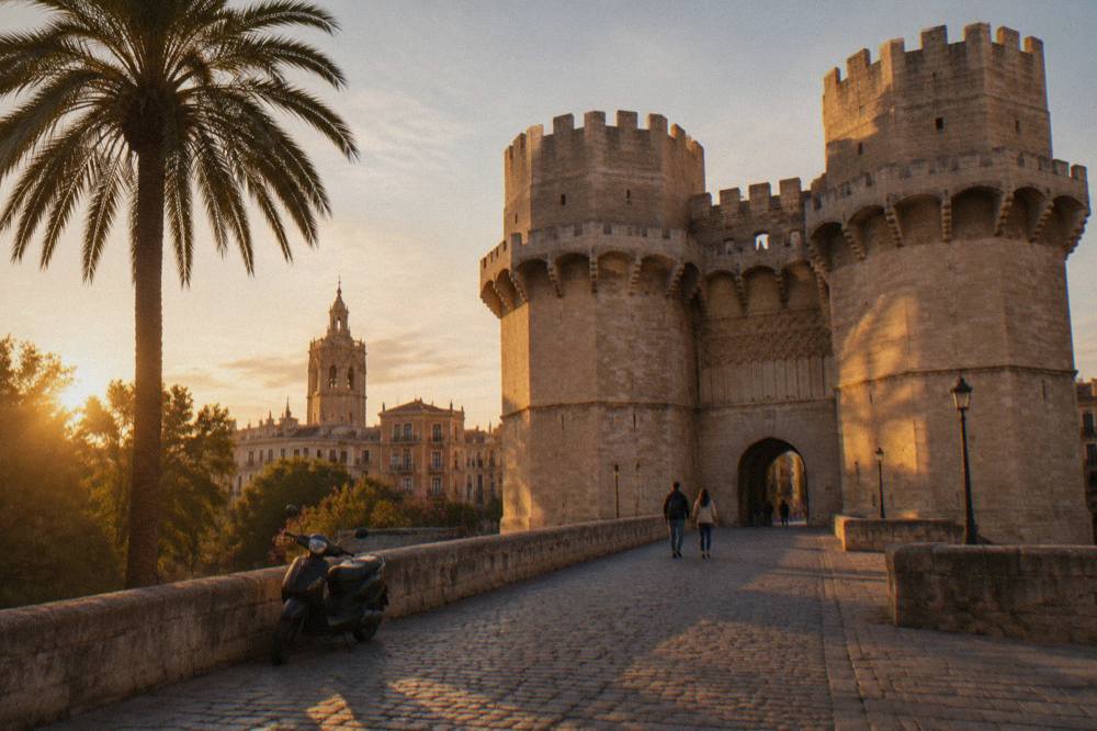 The sandstone towers of Serranos rising above the old city wall at golden hour